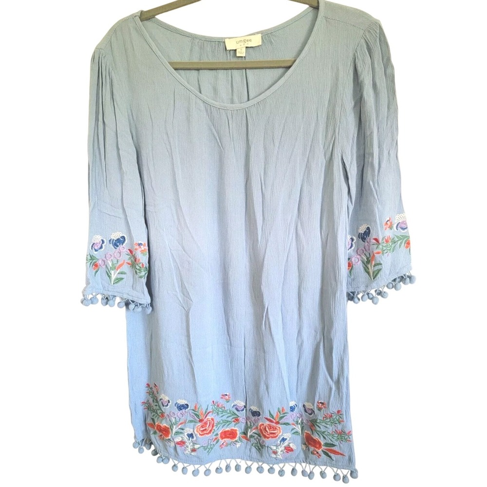 Umgee Women's Peasant‎ Boho Colorful Flower Long Sleeve Shirt Blue Size S
